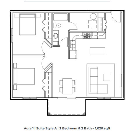 Floor plan for 2 beds, 1 bath, 1020 sqft